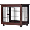 31' Length Furniture Style Pet Dog Crate Cage End Table with Wooden Structure and Iron Wire and Lockable Caters, Medium Dog House Indoor Use.