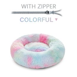 Fluffy Donut Dog Bed  Warm Soft Long Plush Pet Cushion Dog House Cat  Bed Washable Pet Sofa Mat Calming Samll Large Dog Beds (Option: S-Colorful with zipper)