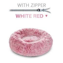 Fluffy Donut Dog Bed  Warm Soft Long Plush Pet Cushion Dog House Cat  Bed Washable Pet Sofa Mat Calming Samll Large Dog Beds (Option: S-WhiteRed with zipper)