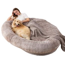 Large Human Short Plush Dog Bed (Option: Khaki-185x120x30CM)