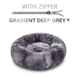 Fluffy Donut Dog Bed  Warm Soft Long Plush Pet Cushion Dog House Cat  Bed Washable Pet Sofa Mat Calming Samll Large Dog Beds (Option: S-Gradient Grey with zipper)