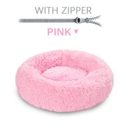 Fluffy Donut Dog Bed  Warm Soft Long Plush Pet Cushion Dog House Cat  Bed Washable Pet Sofa Mat Calming Samll Large Dog Beds (Option: XL-Pink with zipper)