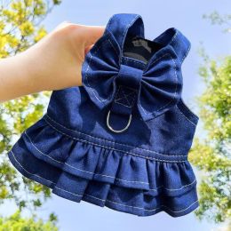 Dog Skirt Pet Cat Walking Out Chest Back Leash (Option: 304 Skirt Brilliant Blue Denim-XS)