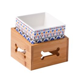 Dog Food Basin Double Rice Bowl To Protect Cervical Spine Tripod Against Upset (Option: Boho blue-Square bowl and rack)