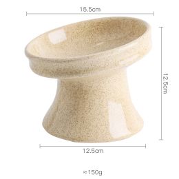 Cat Bowl Ceramic Shallow Mouth High Foot Anti Overturn Double (Option: Beige-L)