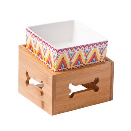 Dog Food Basin Double Rice Bowl To Protect Cervical Spine Tripod Against Upset (Option: Boho powder-Square bowl and rack)