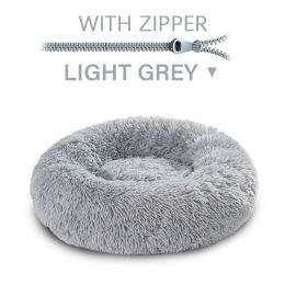 Fluffy Donut Dog Bed  Warm Soft Long Plush Pet Cushion Dog House Cat  Bed Washable Pet Sofa Mat Calming Samll Large Dog Beds (Option: S-Light Grey with zipper)