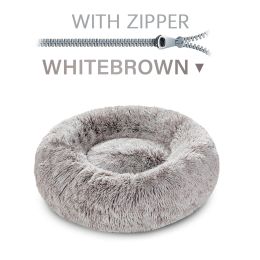 Fluffy Donut Dog Bed  Warm Soft Long Plush Pet Cushion Dog House Cat  Bed Washable Pet Sofa Mat Calming Samll Large Dog Beds (Option: S-Whitebrown with zipper)