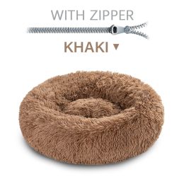 Fluffy Donut Dog Bed  Warm Soft Long Plush Pet Cushion Dog House Cat  Bed Washable Pet Sofa Mat Calming Samll Large Dog Beds (Option: S-Khaki with zipper)